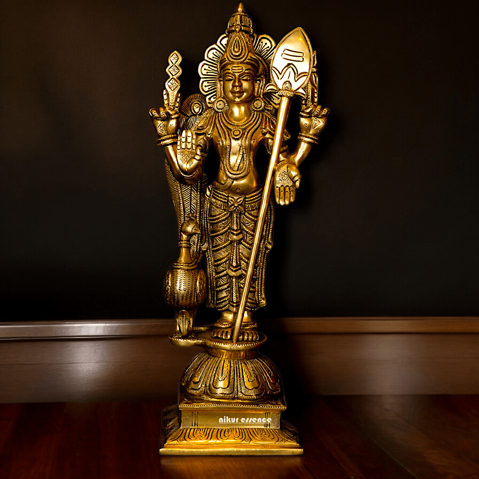 Superfine brass 34 cm Lord Karthikeya Brass Statue - Majestic Handcrafted South Indian Hindu Deity Nikuressence