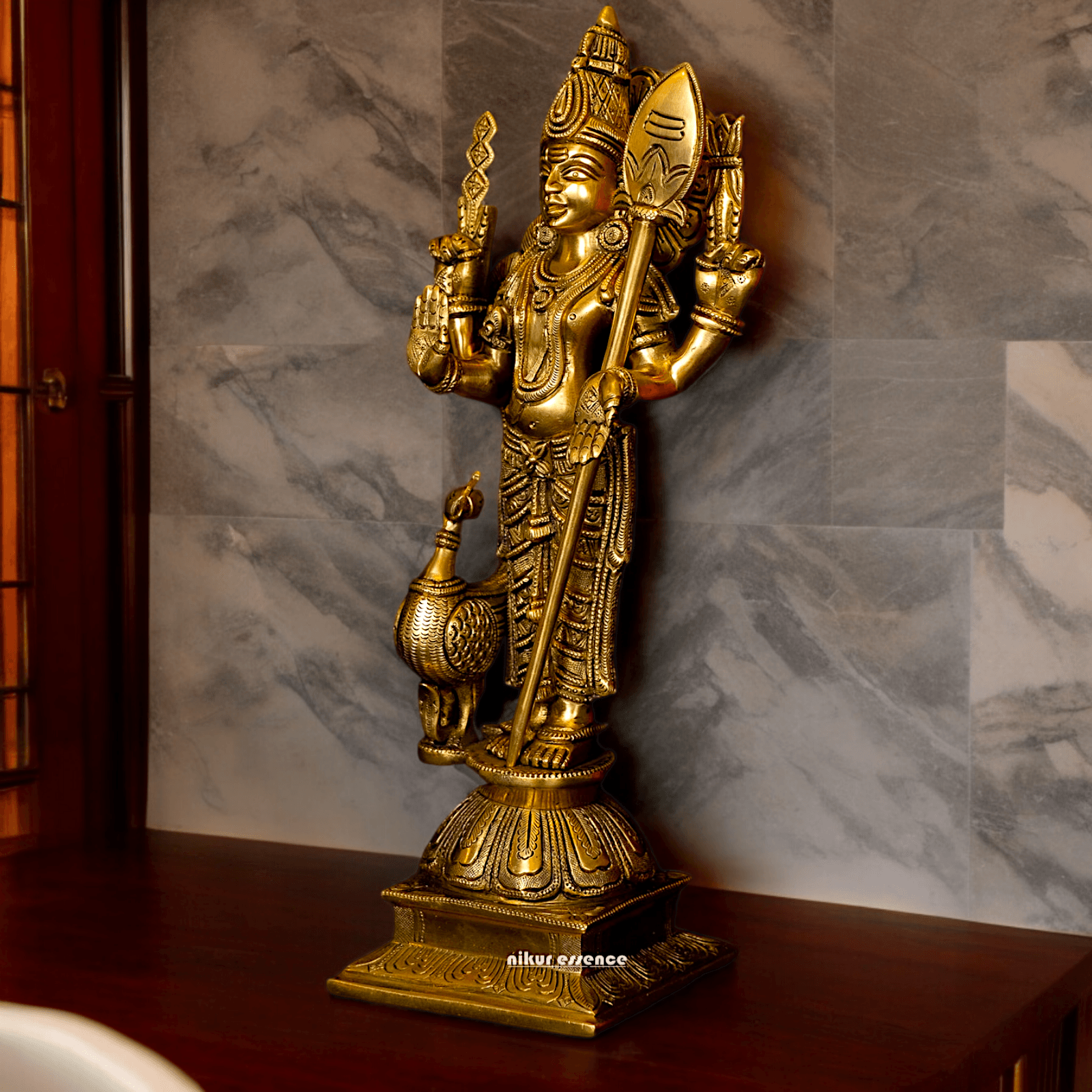 Superfine brass 34 cm Lord Karthikeya Brass Statue - Majestic Handcrafted South Indian Hindu Deity Nikuressence
