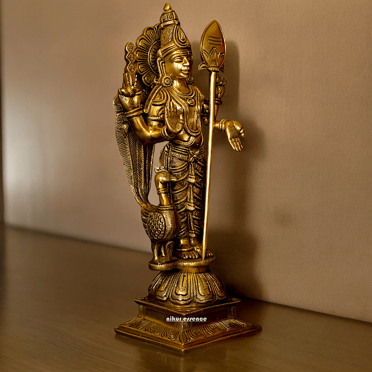 Superfine brass 34 cm Lord Karthikeya Brass Statue - Majestic Handcrafted South Indian Hindu Deity Nikuressence