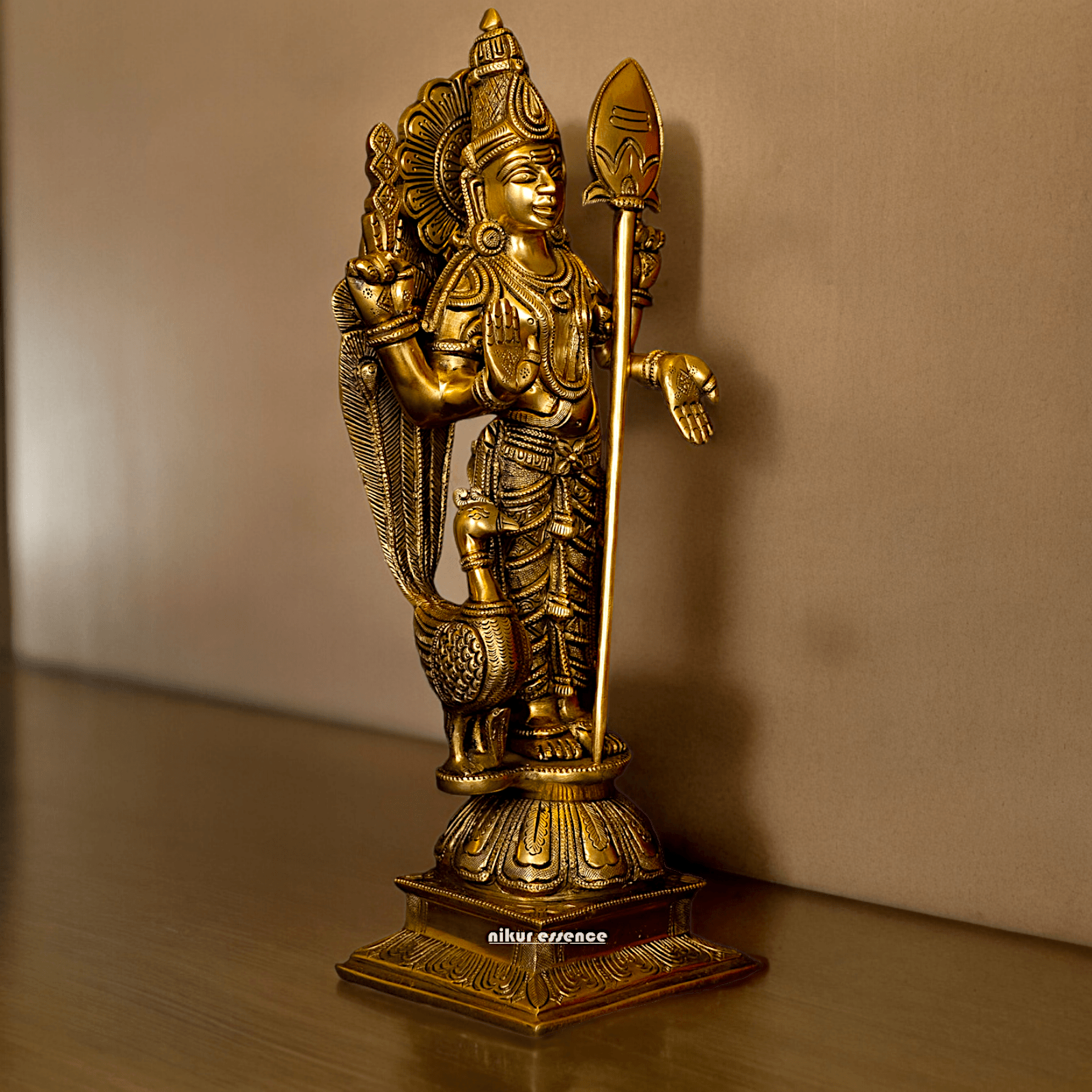 Superfine brass 34 cm Lord Karthikeya Brass Statue - Majestic Handcrafted South Indian Hindu Deity Nikuressence