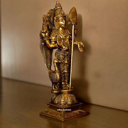 Superfine brass 34 cm Lord Karthikeya Brass Statue - Majestic Handcrafted South Indian Hindu Deity Nikuressence