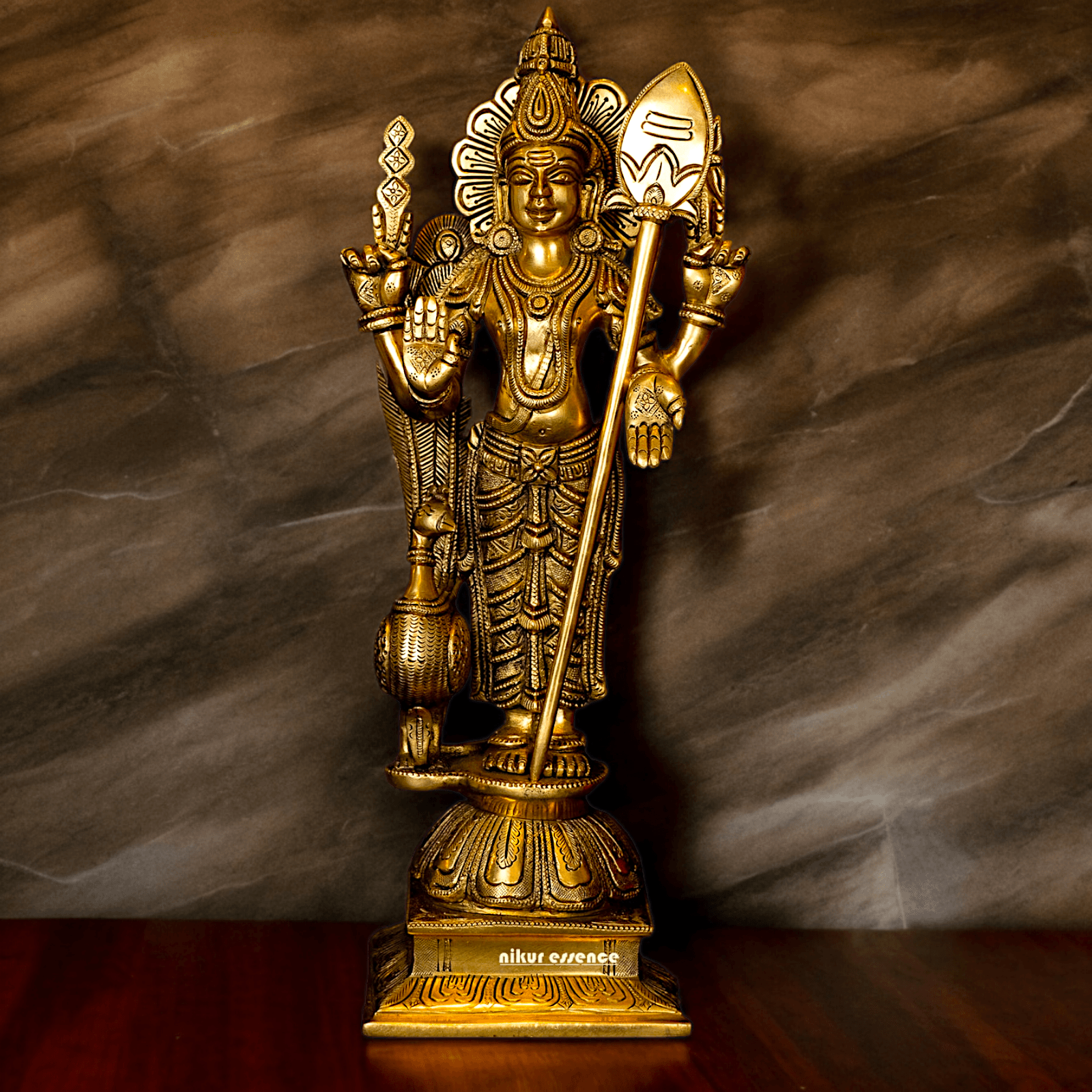 Superfine brass 34 cm Lord Karthikeya Brass Statue - Majestic Handcrafted South Indian Hindu Deity Nikuressence