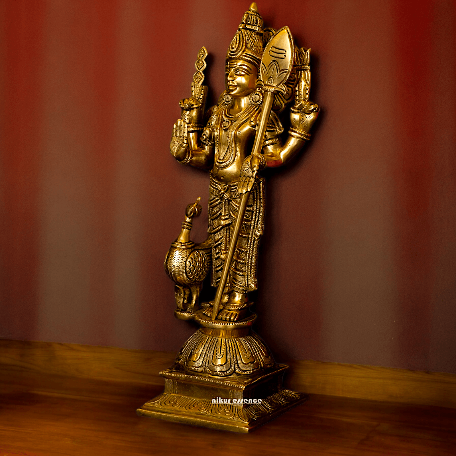 Superfine brass 34 cm Lord Karthikeya Brass Statue - Majestic Handcrafted South Indian Hindu Deity Nikuressence