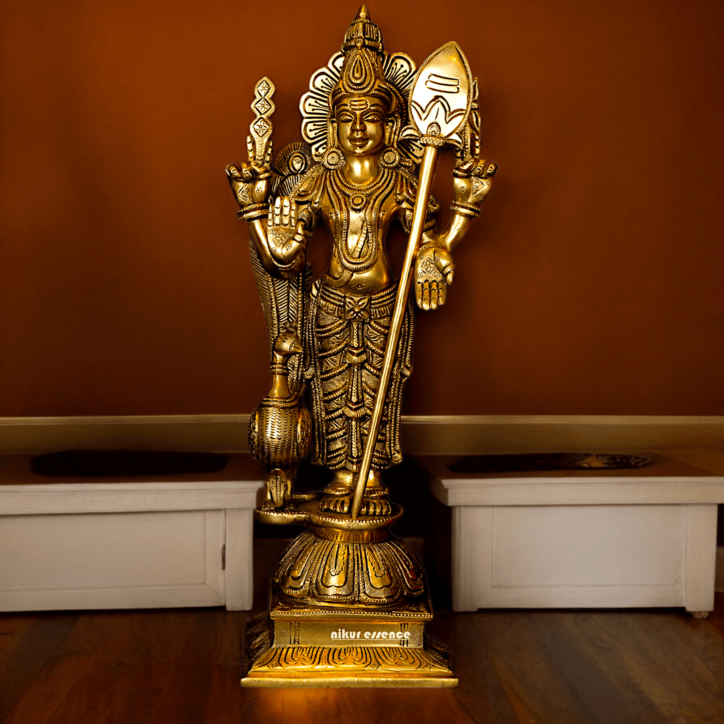 Superfine brass 34 cm Lord Karthikeya Brass Statue - Majestic Handcrafted South Indian Hindu Deity Nikuressence