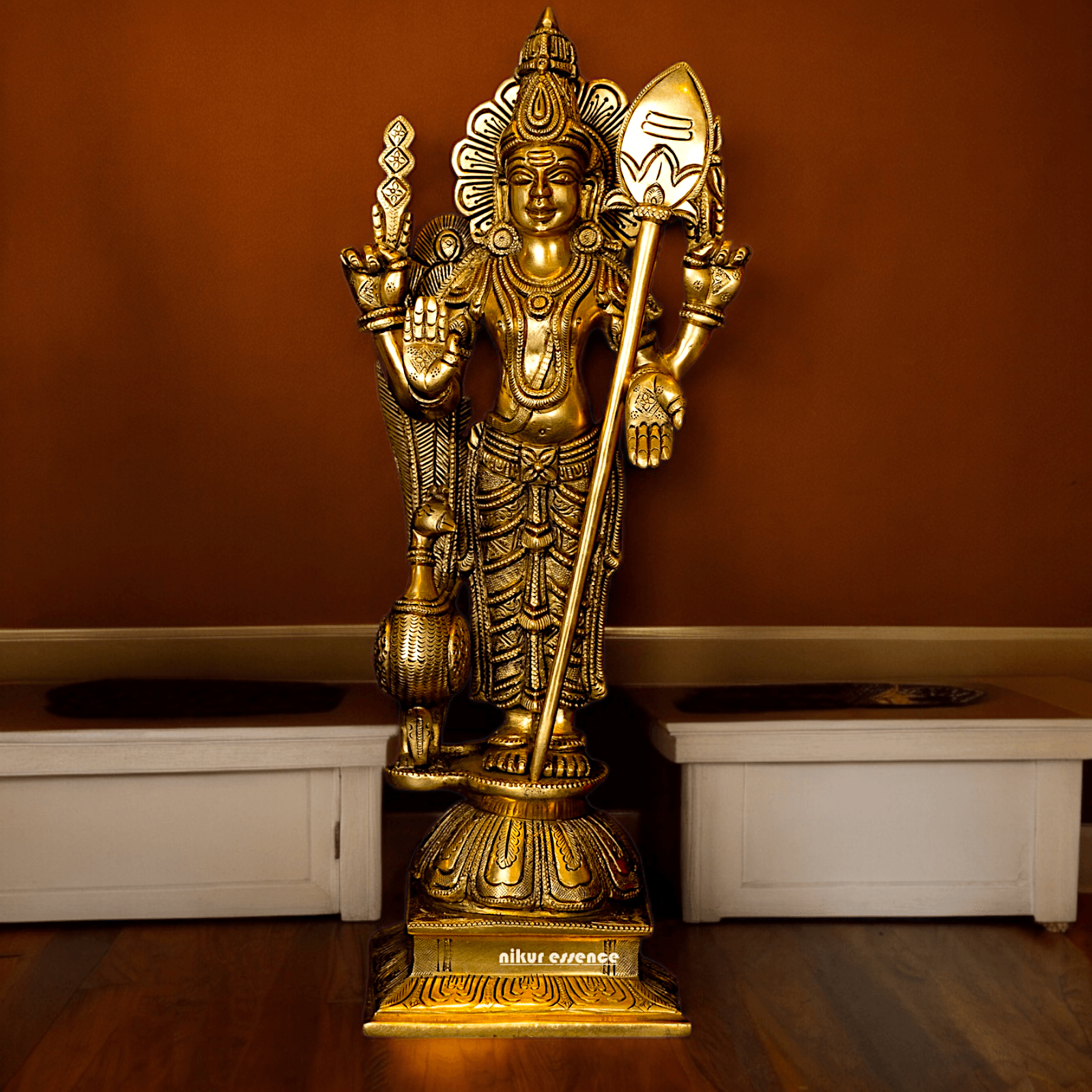 Superfine brass 34 cm Lord Karthikeya Brass Statue - Majestic Handcrafted South Indian Hindu Deity Nikuressence
