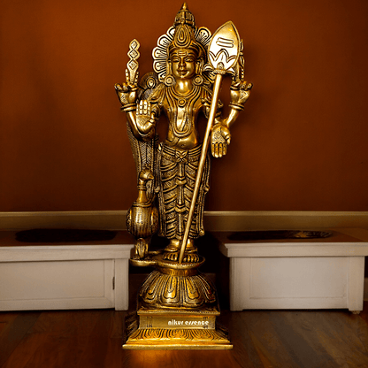 Superfine brass 34 cm Lord Karthikeya Brass Statue - Majestic Handcrafted South Indian Hindu Deity Nikuressence