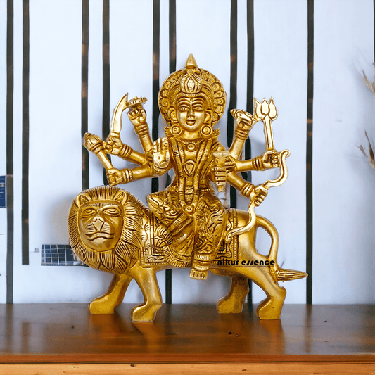 Online Brass Maa Durga Idol Sitting on Lion – 17 cm Majestic Divine Sculpture by Nikur Essence Nikuressence