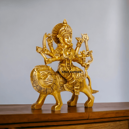 Online Brass Maa Durga Idol Sitting on Lion – 17 cm Majestic Divine Sculpture by Nikur Essence Nikuressence