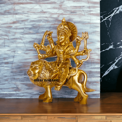Online Brass Maa Durga Idol Sitting on Lion – 17 cm Majestic Divine Sculpture by Nikur Essence Nikuressence