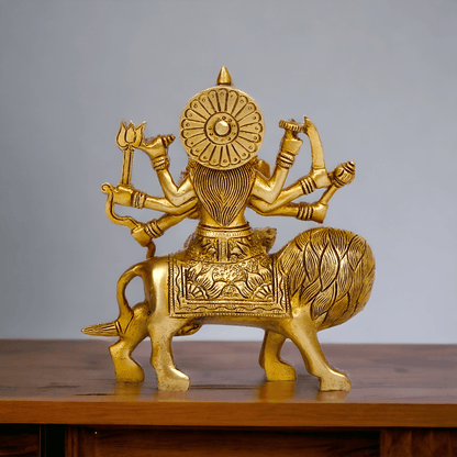 Online Brass Maa Durga Idol Sitting on Lion – 17 cm Majestic Divine Sculpture by Nikur Essence Nikuressence