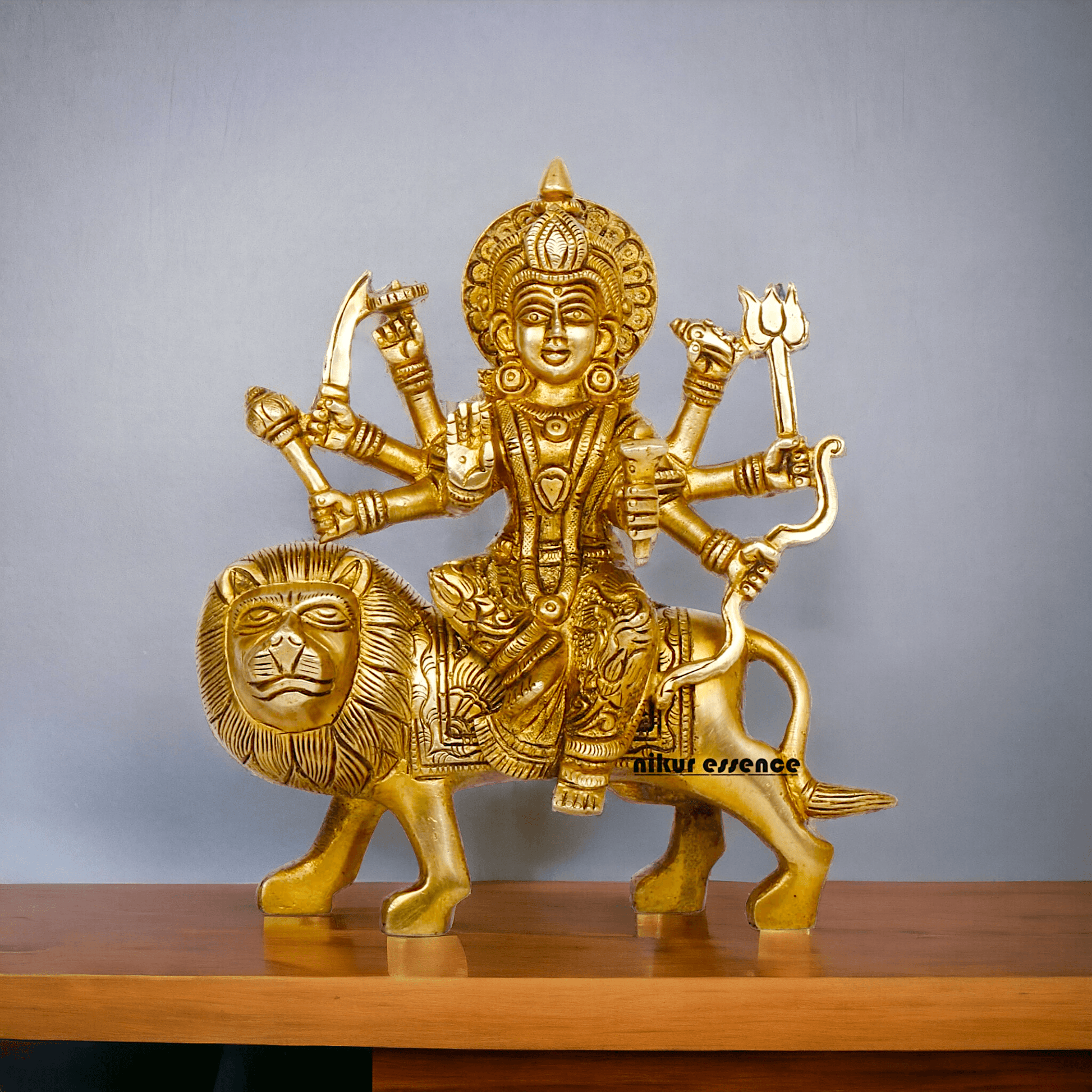 Online Brass Maa Durga Idol Sitting on Lion – 17 cm Majestic Divine Sculpture by Nikur Essence Nikuressence