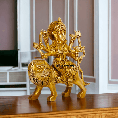 Online Brass Maa Durga Idol Sitting on Lion – 17 cm Majestic Divine Sculpture by Nikur Essence Nikuressence
