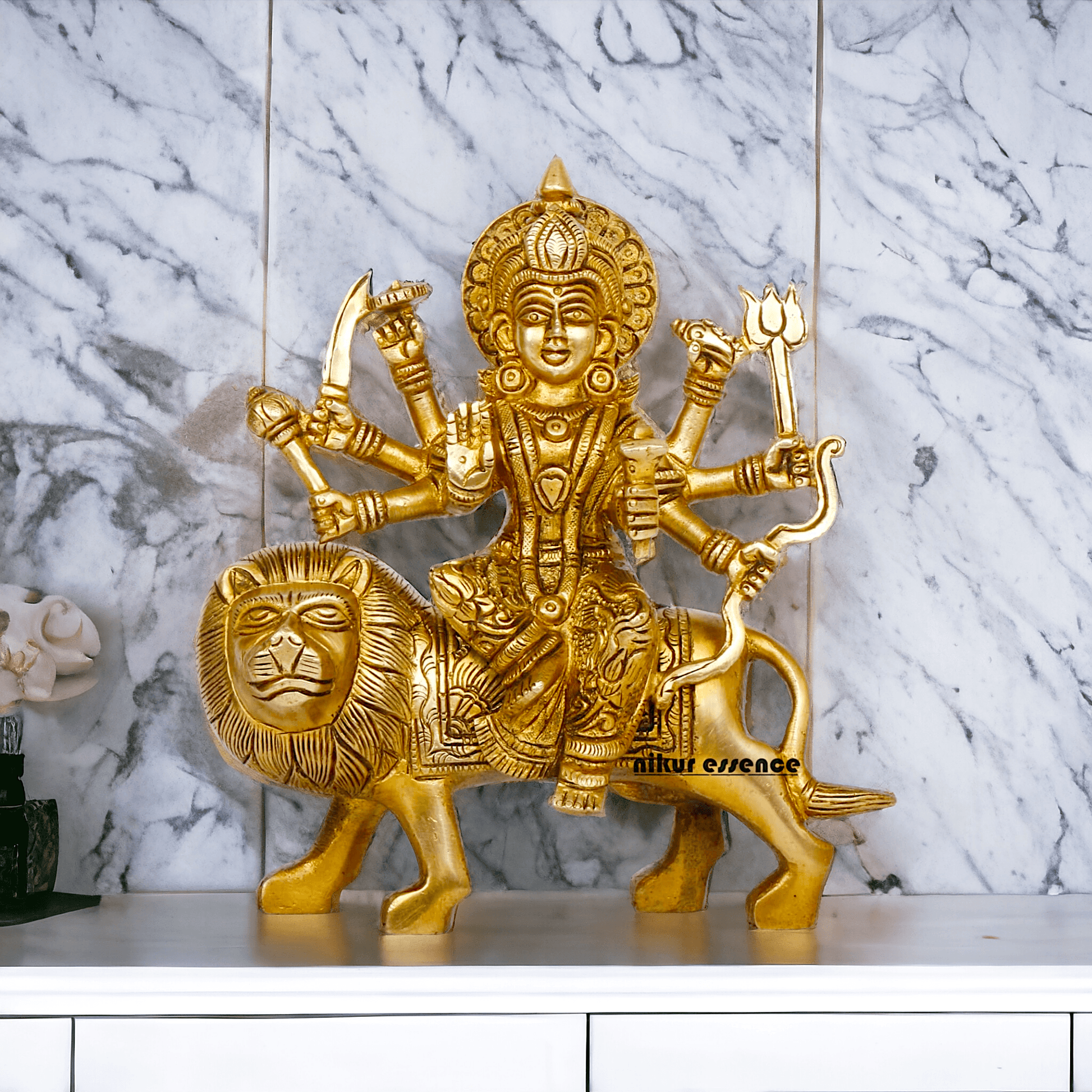 Online Brass Maa Durga Idol Sitting on Lion – 17 cm Majestic Divine Sculpture by Nikur Essence Nikuressence