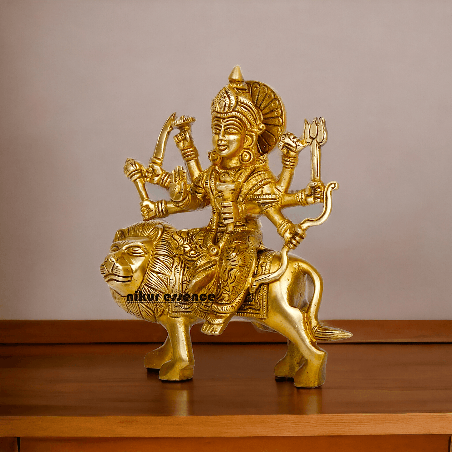 Online Brass Maa Durga Idol Sitting on Lion – 17 cm Majestic Divine Sculpture by Nikur Essence Nikuressence