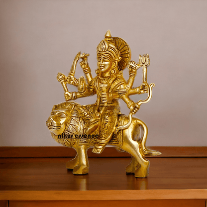 Online Brass Maa Durga Idol Sitting on Lion – 17 cm Majestic Divine Sculpture by Nikur Essence Nikuressence