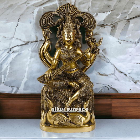 Brass Maa Saraswati Idol buy online ,Handcrafted Hindu Goddess Saraswati Statue for Home Decor Nikuressence