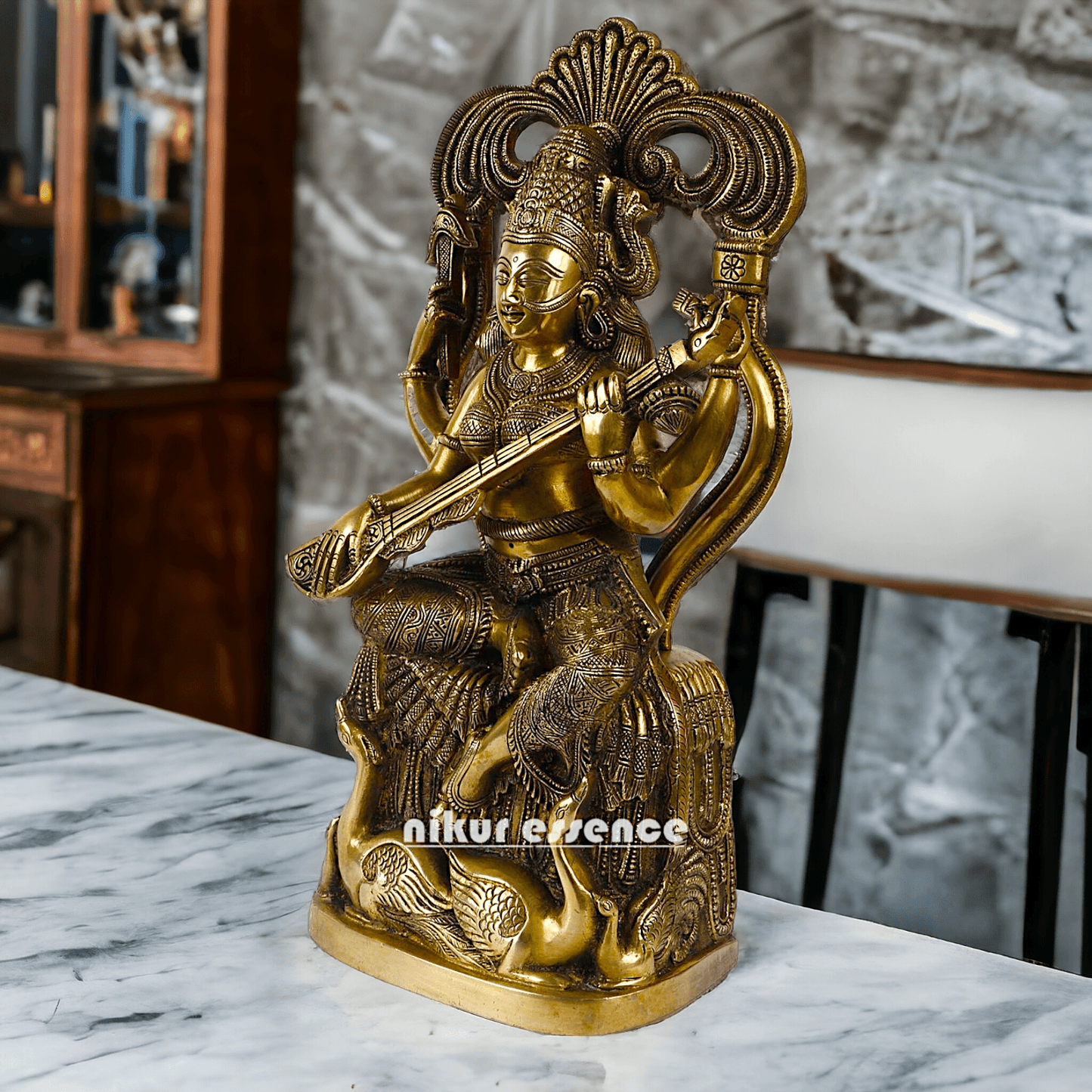 Brass Maa Saraswati Idol buy online ,Handcrafted Hindu Goddess Saraswati Statue for Home Decor Nikuressence