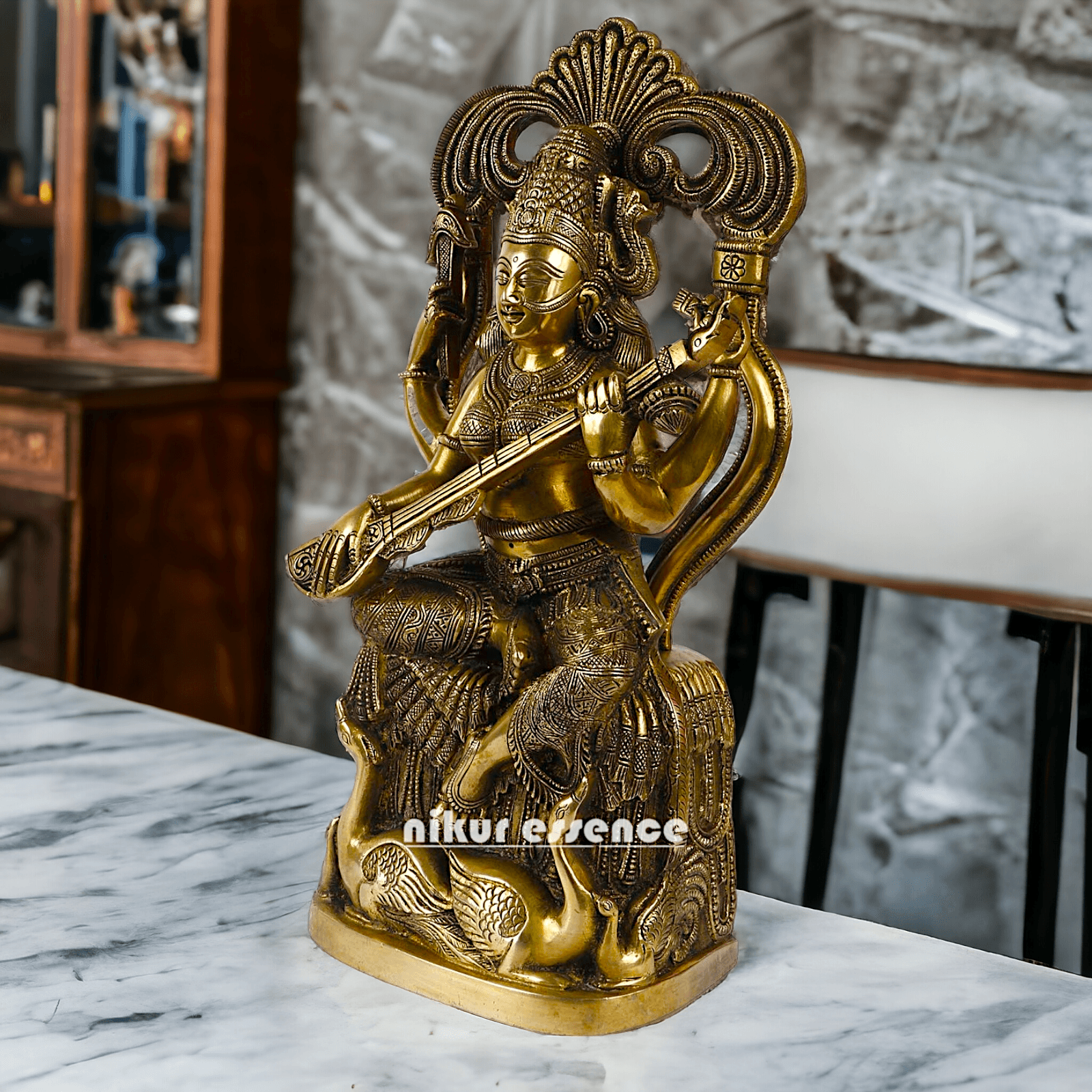 Brass Maa Saraswati Idol buy online ,Handcrafted Hindu Goddess Saraswati Statue for Home Decor Nikuressence