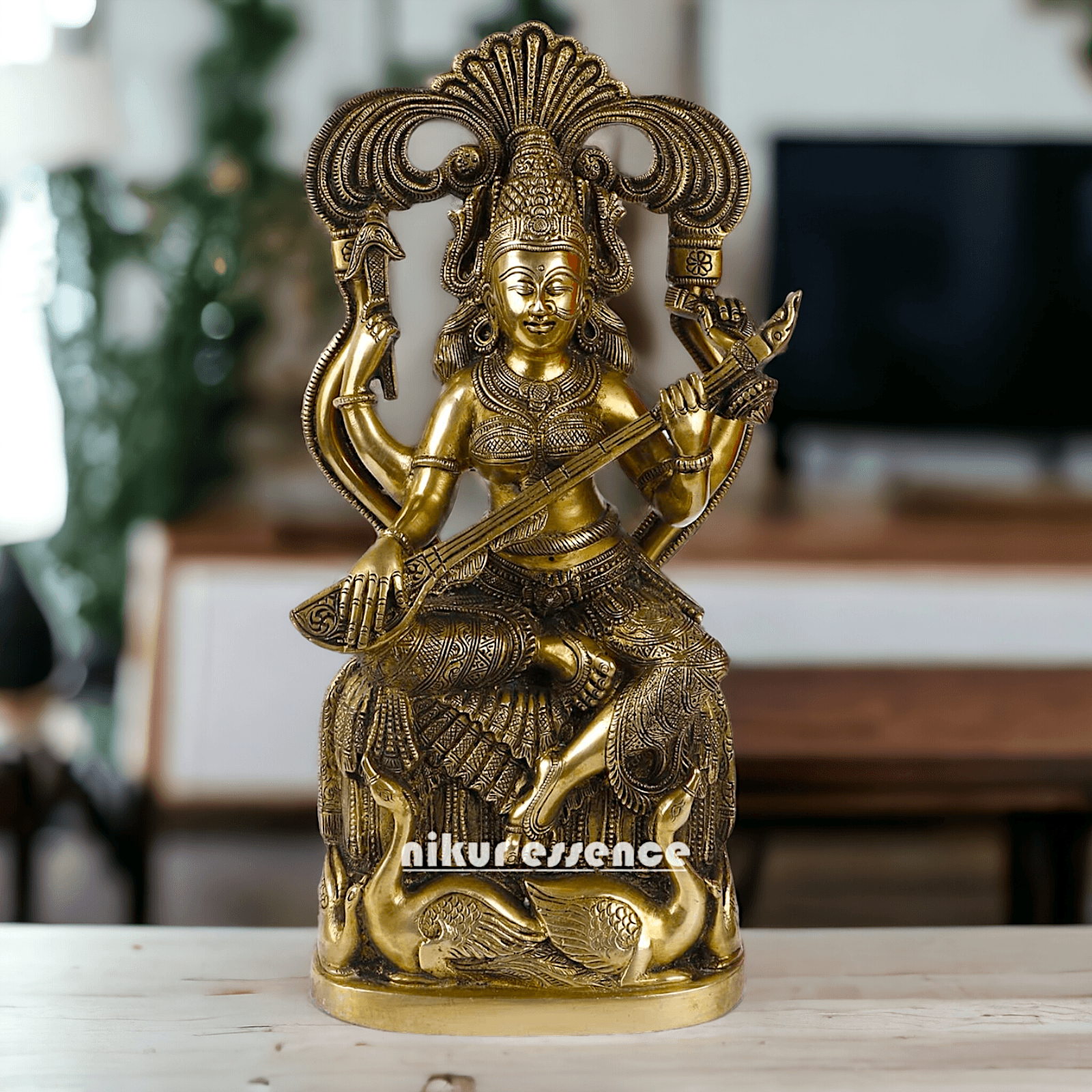 Brass Maa Saraswati Idol buy online ,Handcrafted Hindu Goddess Saraswati Statue for Home Decor Nikuressence