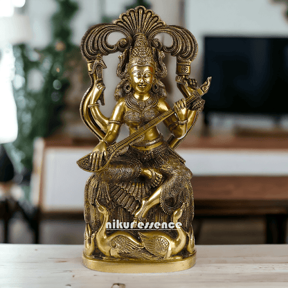 Brass Maa Saraswati Idol buy online ,Handcrafted Hindu Goddess Saraswati Statue for Home Decor Nikuressence