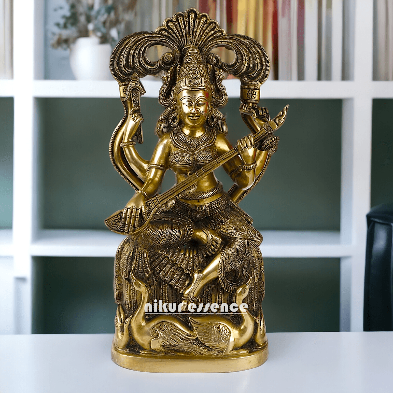 Brass Maa Saraswati Idol buy online ,Handcrafted Hindu Goddess Saraswati Statue for Home Decor Nikuressence