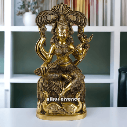 Brass Maa Saraswati Idol buy online ,Handcrafted Hindu Goddess Saraswati Statue for Home Decor Nikuressence