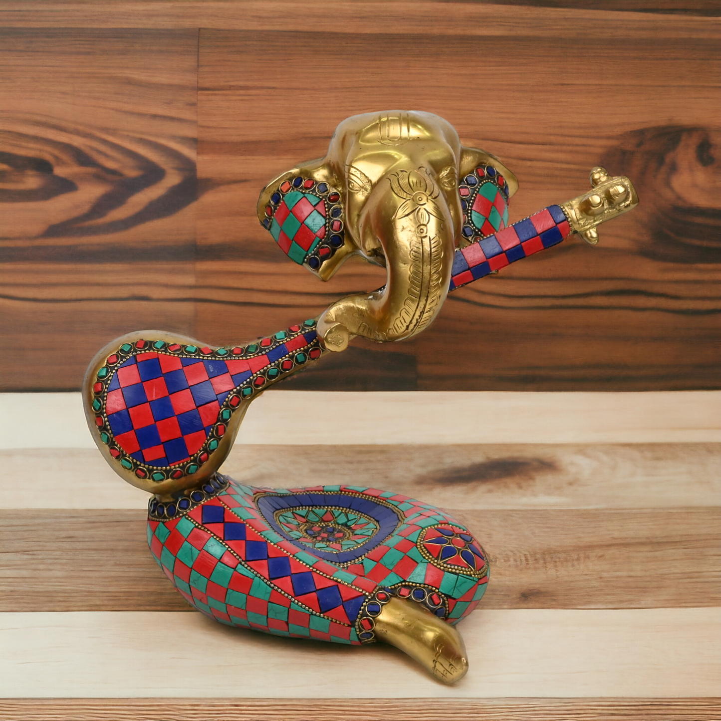 Large Brass Musical Ganesh Idol with stone work - 10.5 inches Nikuressence