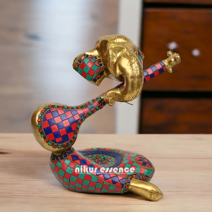 Large Brass Musical Ganesh Idol with stone work - 10.5 inches Nikuressence