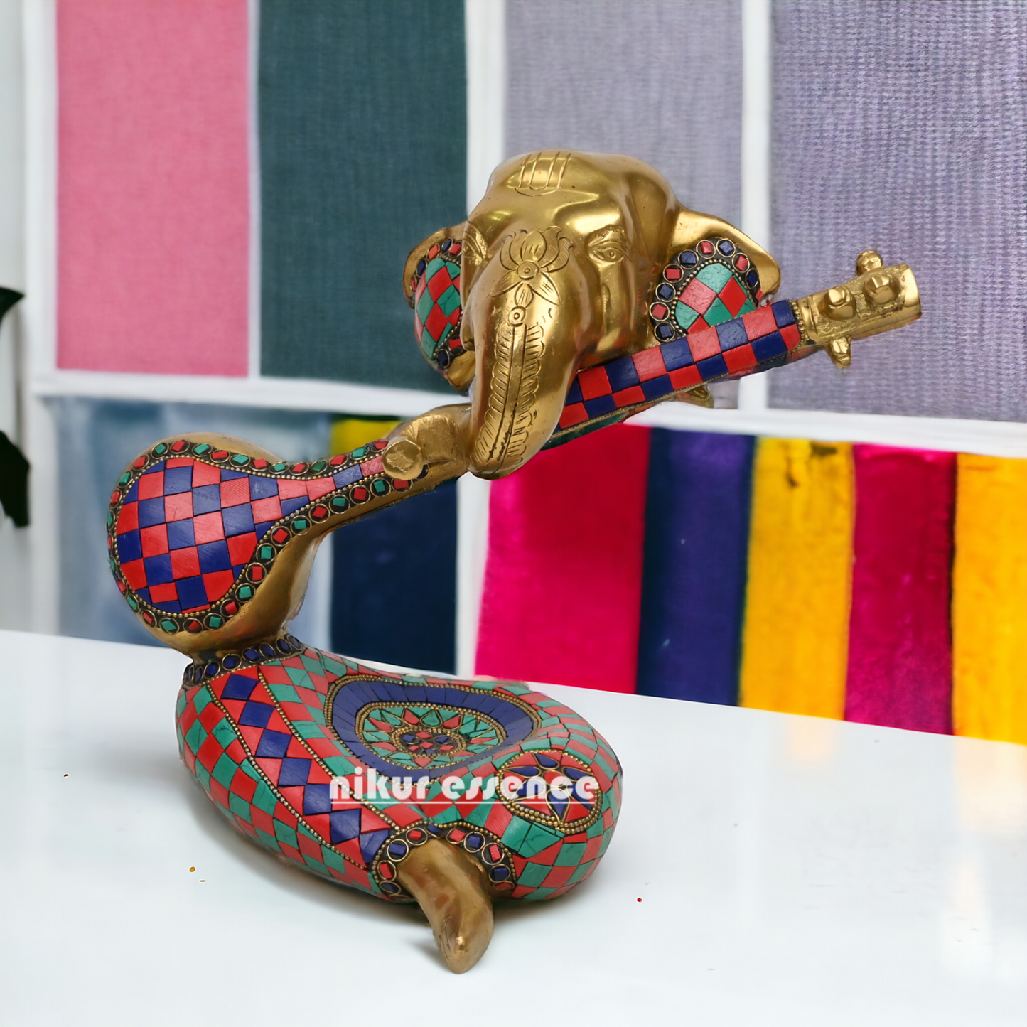 Large Brass Musical Ganesh Idol with stone work - 10.5 inches Nikuressence