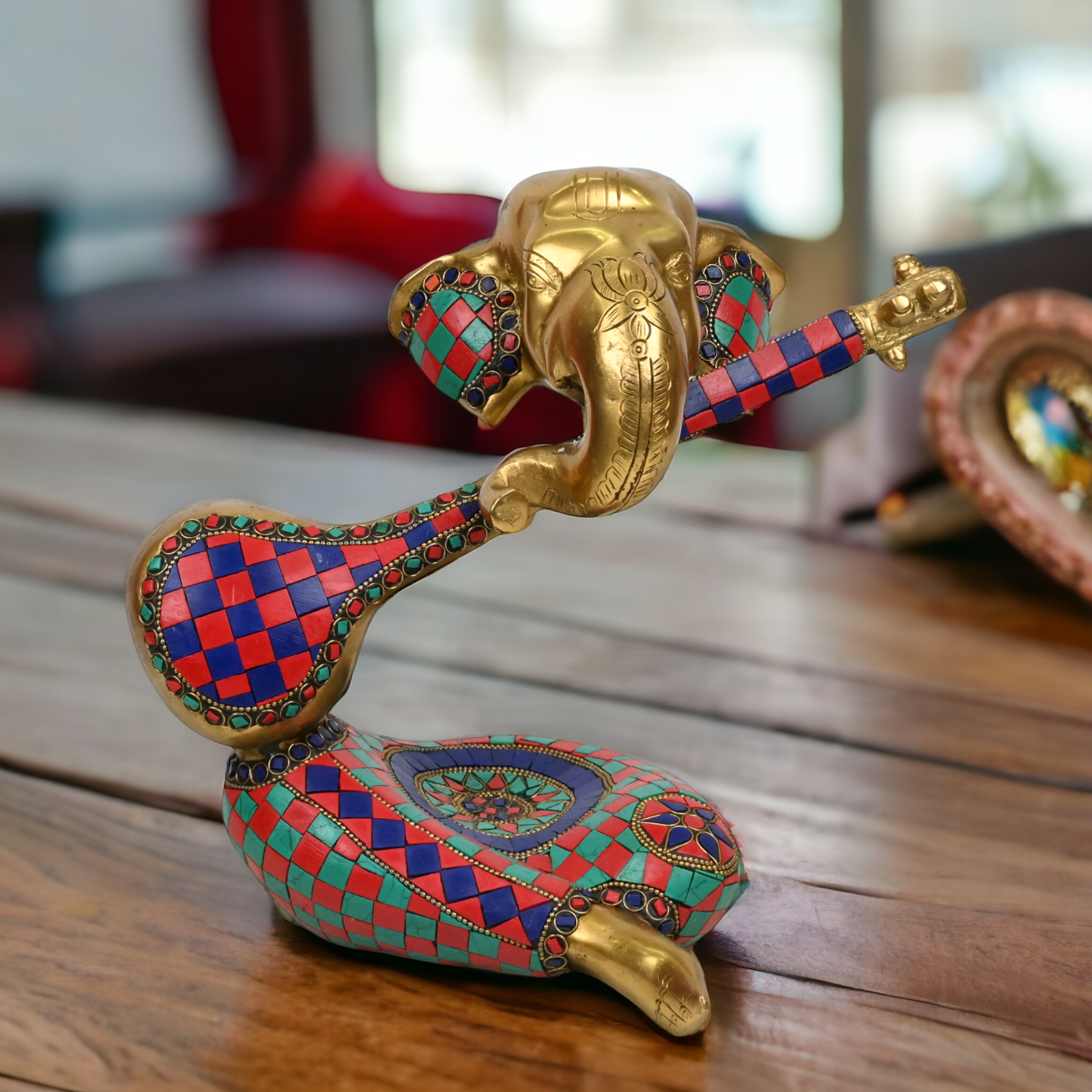 Large Brass Musical Ganesh Idol with stone work - 10.5 inches Nikuressence