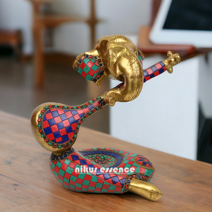 Large Brass Musical Ganesh Idol with stone work - 10.5 inches Nikuressence