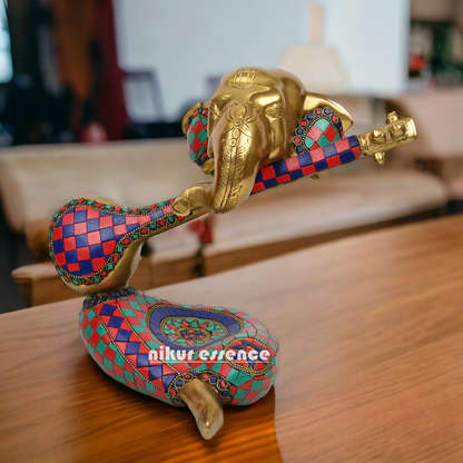 Large Brass Musical Ganesh Idol with stone work - 10.5 inches Nikuressence