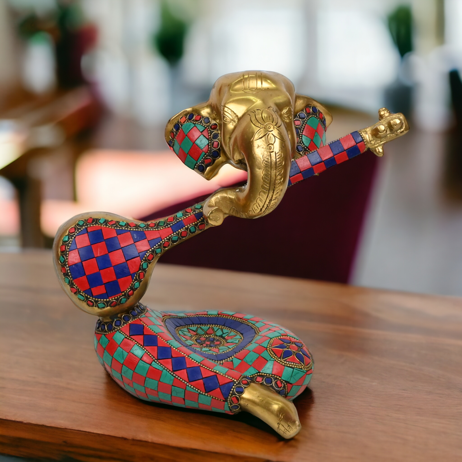 Large Brass Musical Ganesh Idol with stone work - 10.5 inches Nikuressence