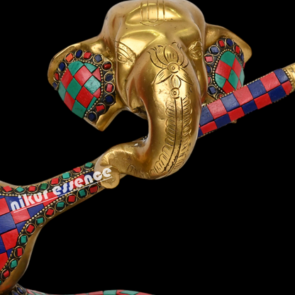 Large Brass Musical Ganesh Idol with stone work - 10.5 inches Nikuressence