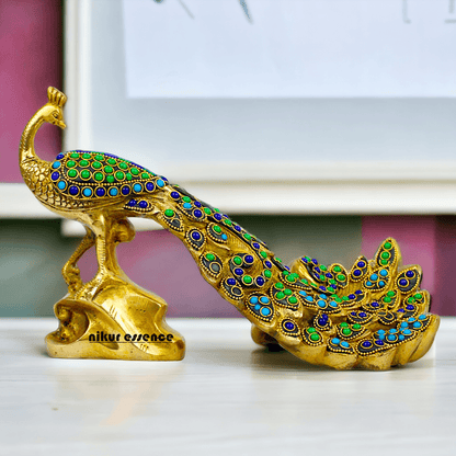 Brass Peacock Idol with Stone work - 12 inch Nikuressence