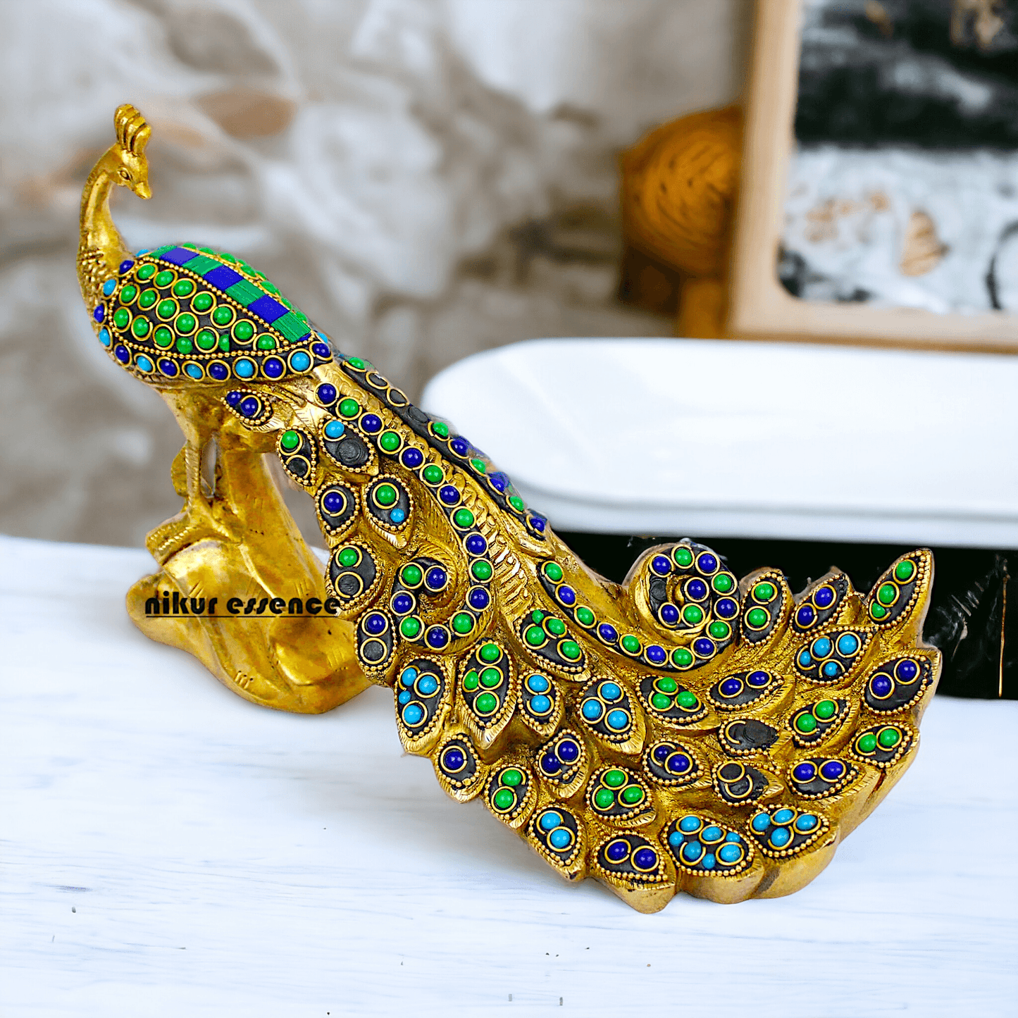Brass Peacock Idol with Stone work - 12 inch Nikuressence
