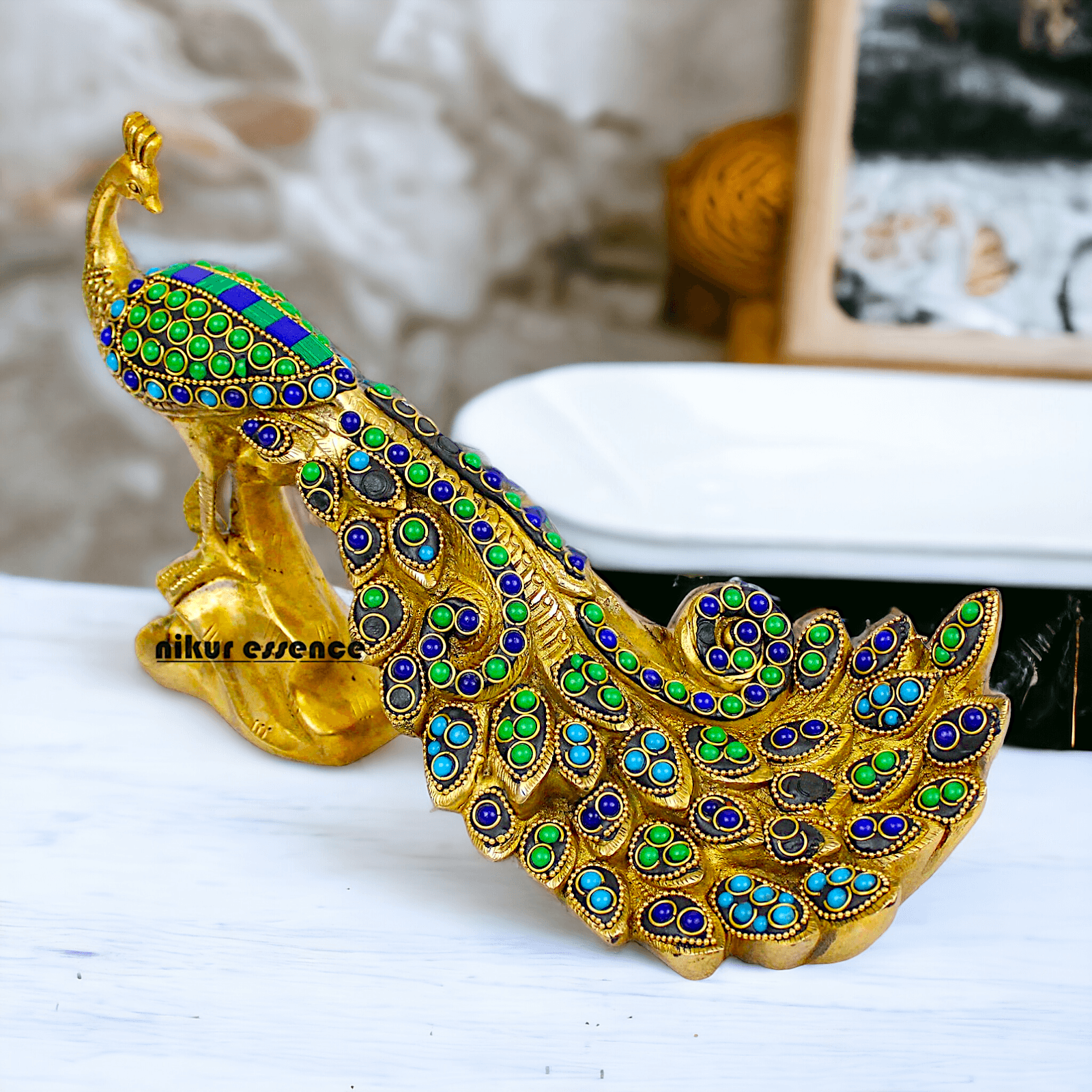Brass Peacock Idol with Stone work - 12 inch Nikuressence