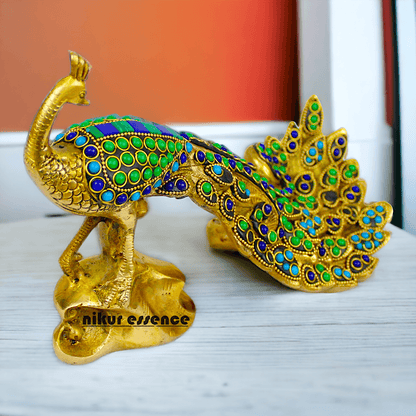 Brass Peacock Idol with Stone work - 12 inch Nikuressence