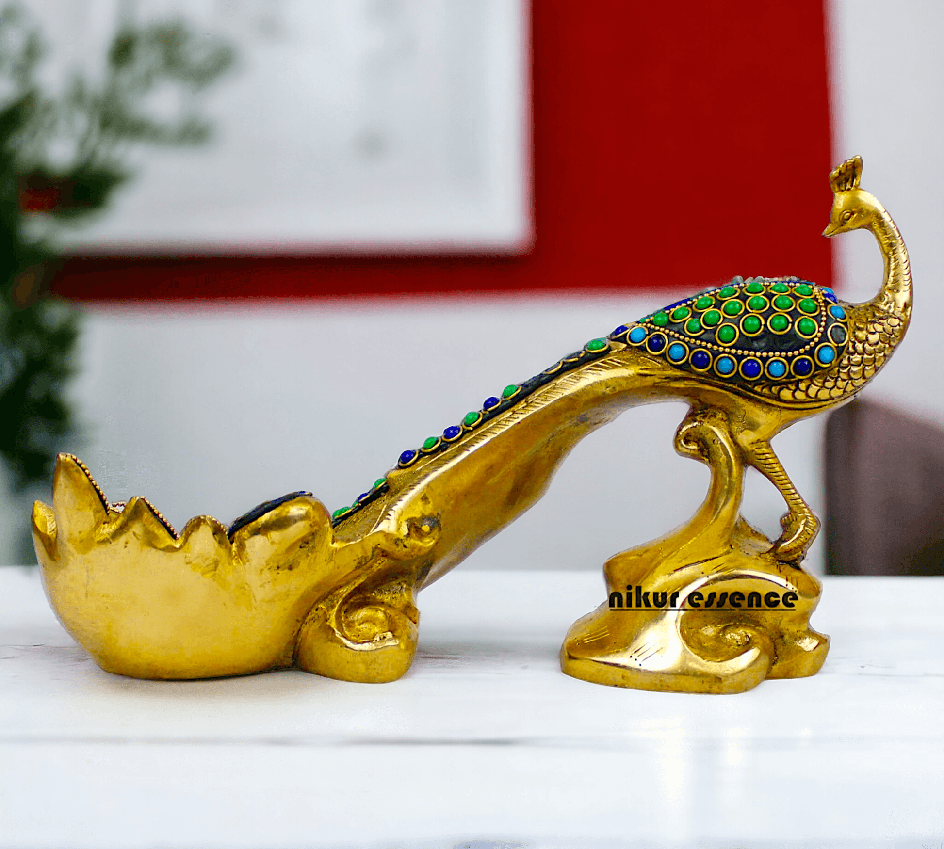 Brass Peacock Idol with Stone work - 12 inch Nikuressence