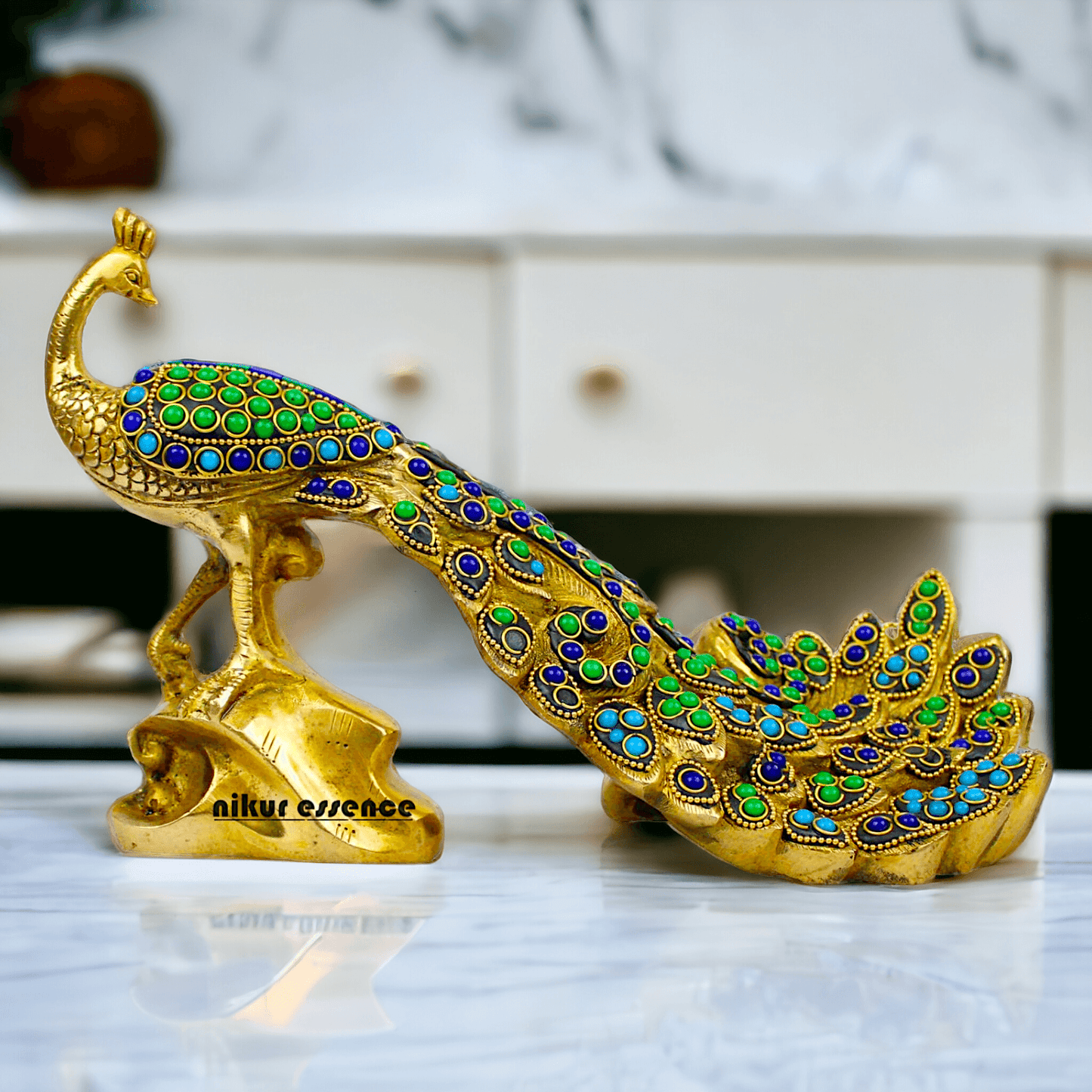 Brass Peacock Idol with Stone work - 12 inch Nikuressence