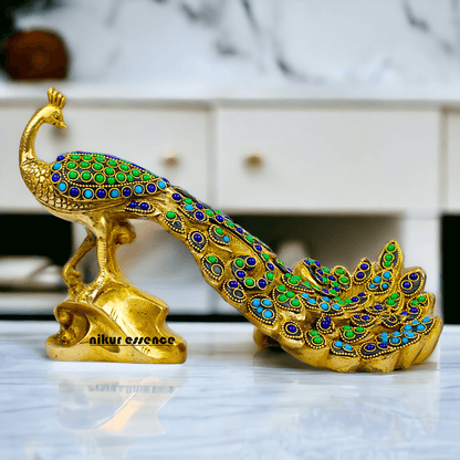 Brass Peacock Idol with Stone work - 12 inch Nikuressence