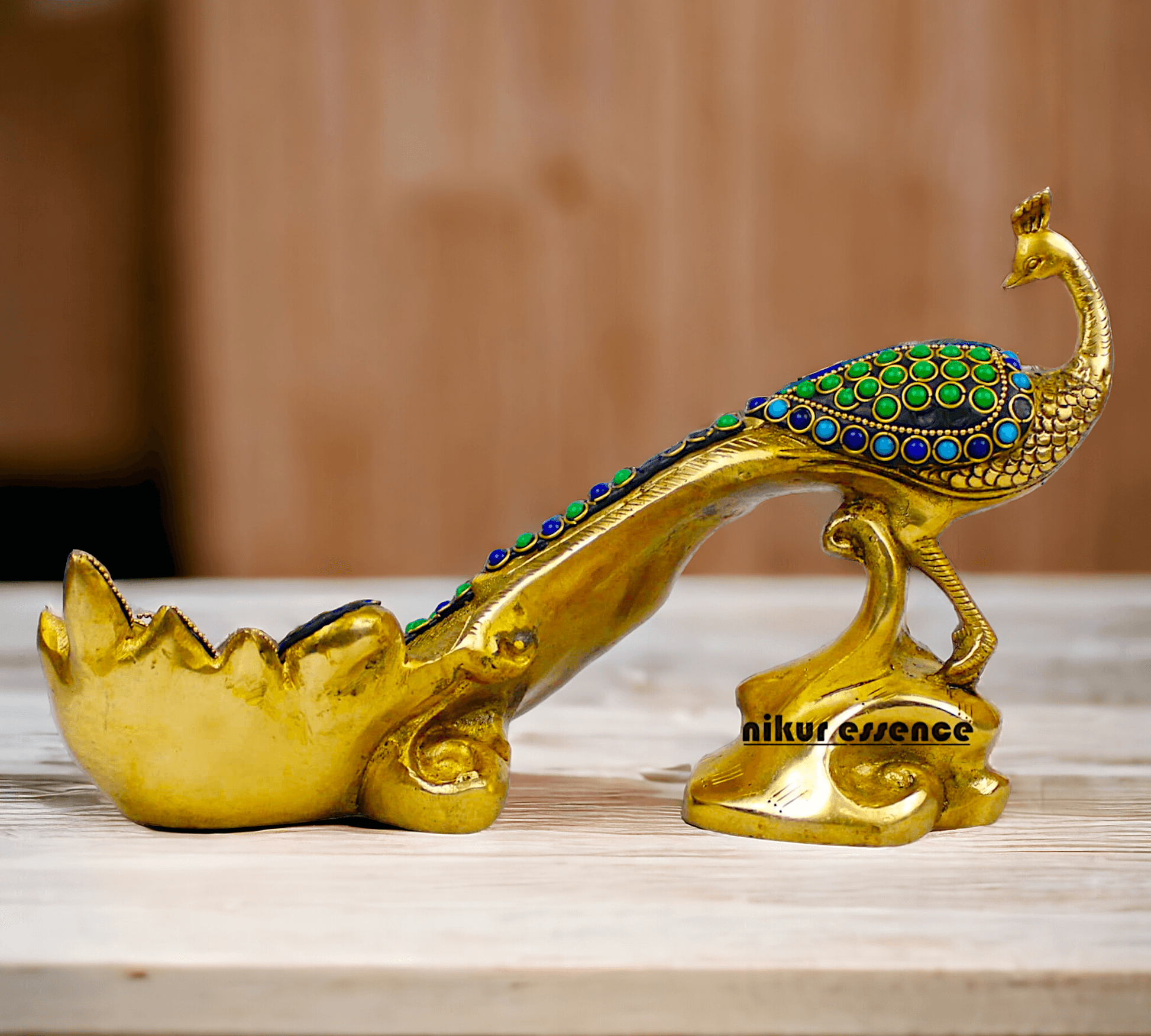 Brass Peacock Idol with Stone work - 12 inch Nikuressence