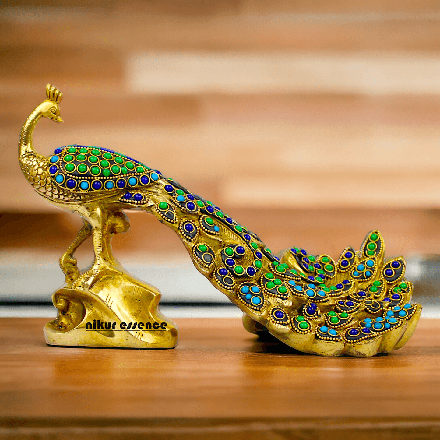 Brass Peacock Idol with Stone work - 12 inch Nikuressence