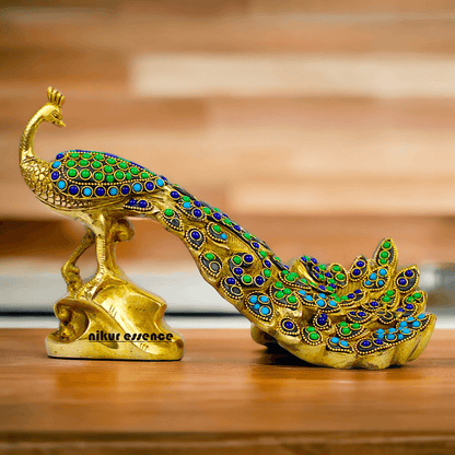 Brass Peacock Idol with Stone work - 12 inch Nikuressence