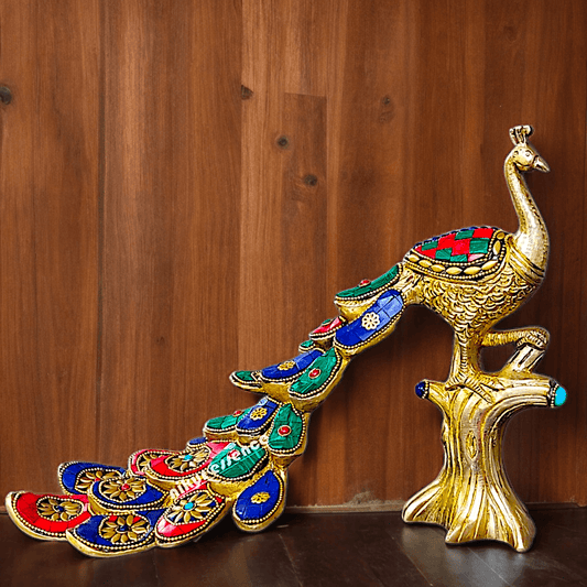 Superfine brass 28 cm Peacock Statue with Multicolor Gemstone Handwork - Stunning Handcrafted Sculpture for Home Decor Nikuressence