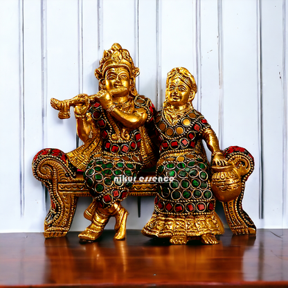 Small Brass Radha Krishna | Small Radha Krishna | Radha Krishna Sitting on Sofa | small size Nikuressence