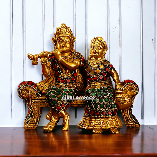Small Brass Radha Krishna | Small Radha Krishna | Radha Krishna Sitting on Sofa | small size Nikuressence