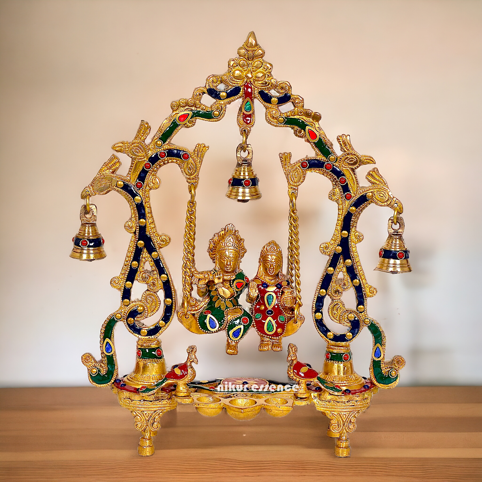 Brass Radha Krishna Jhula with beautiful stone work | 14 inch Nikuressence