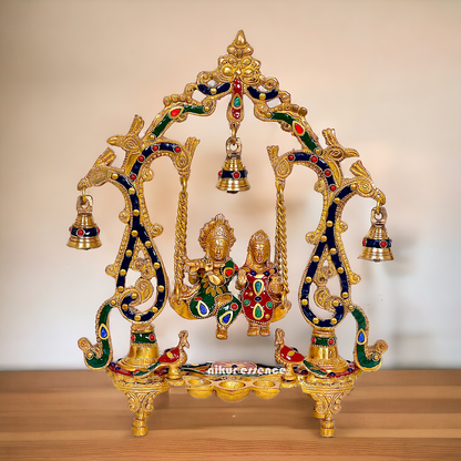 Brass Radha Krishna Jhula with beautiful stone work | 14 inch Nikuressence