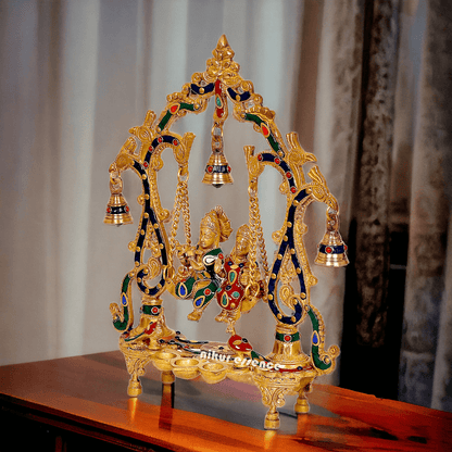 Brass Radha Krishna Jhula with beautiful stone work | 14 inch Nikuressence